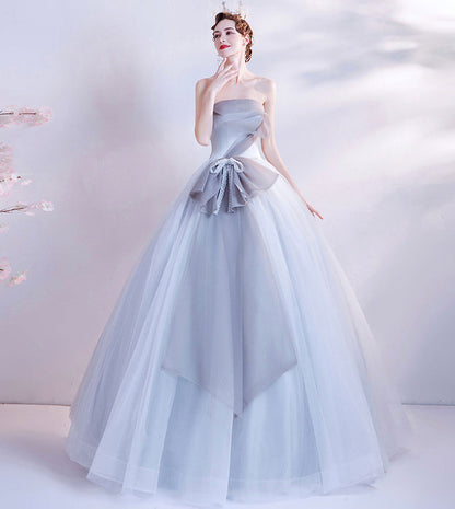 Gray tulle long prom dress gray evening dress  8432