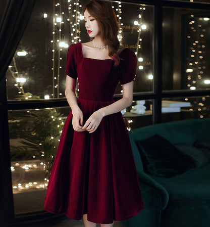 Cute velvet short prom dress with bow party dress  8479