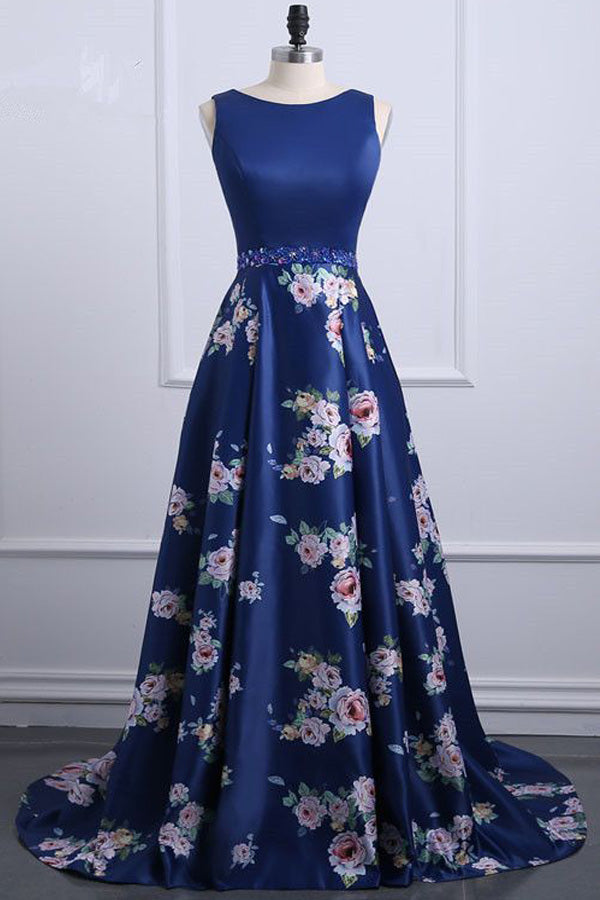 Royal Blue Satin Floral Print Long Prom Dress Evening Dress,WP217