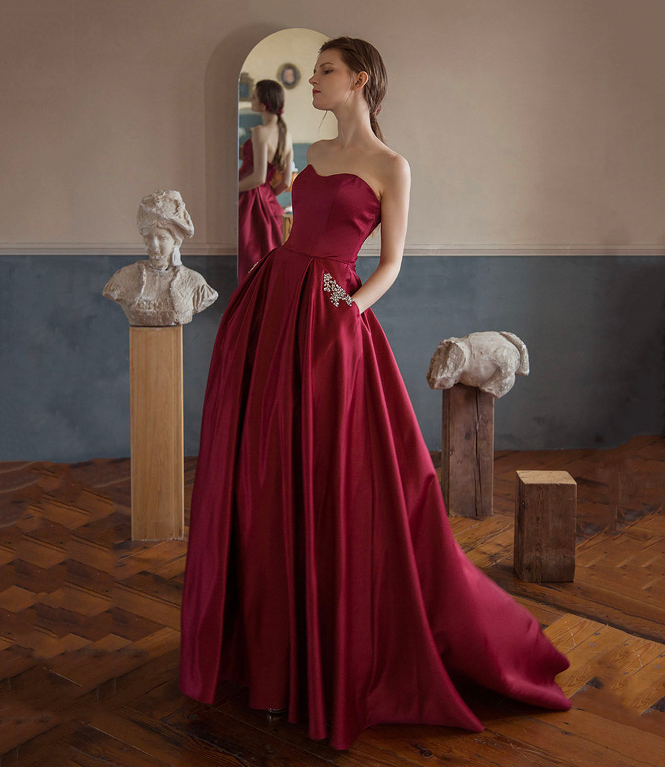 Red satin long A line prom dress red evening dress  10594