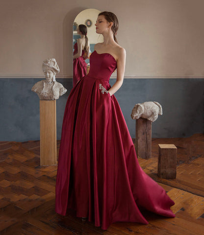 Red satin long A line prom dress red evening dress  10594