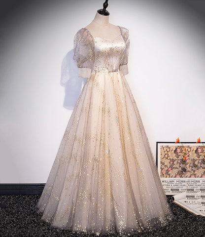 Champagne tulle sequins long prom dress A line evening gown  10327