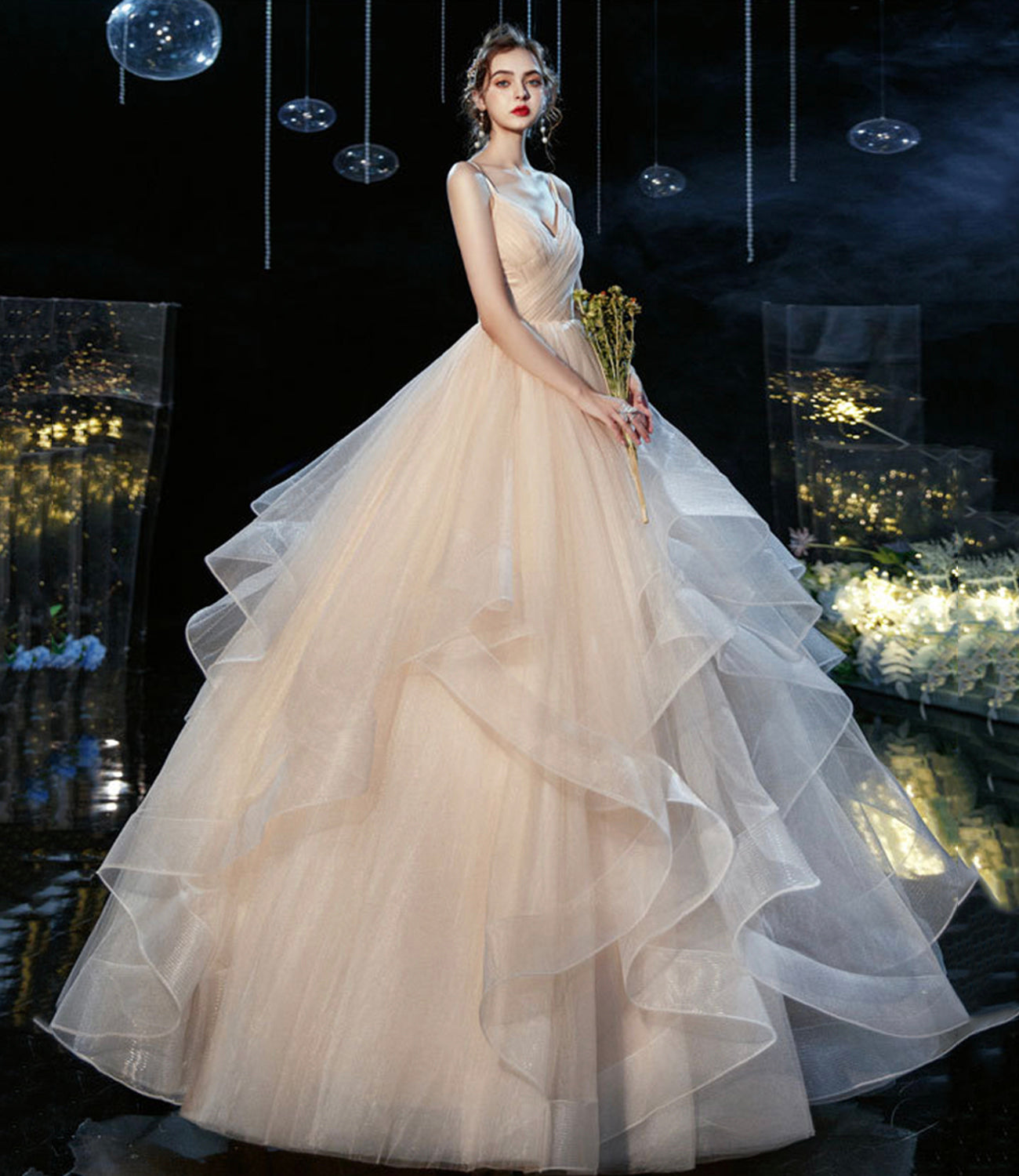 Champagne tulle long prom dress A line evening gown  10236