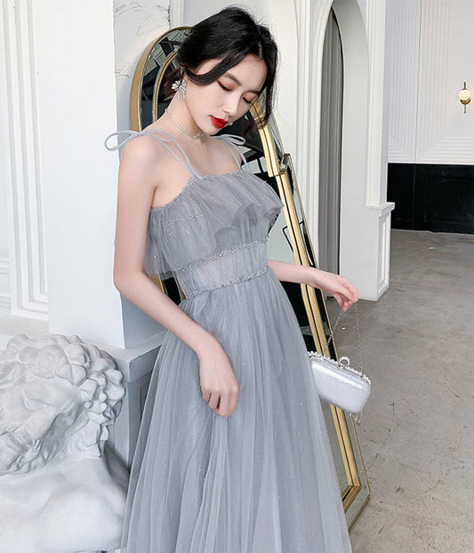 Gray tulle sequins long prom dress party dress  8342