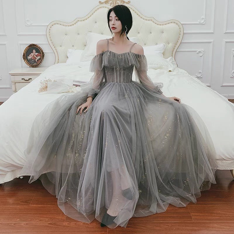 Cute tulle long A ine prom dress evening gown  10136