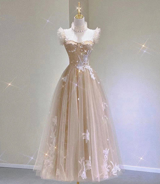 Champagne tulle lace tea length prom dress evening dress  10313
