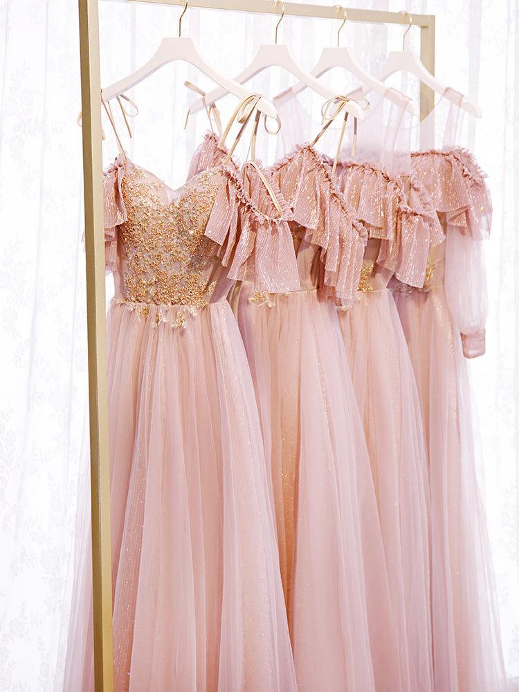 Pink tulle lace long prom dress evening dress  8349