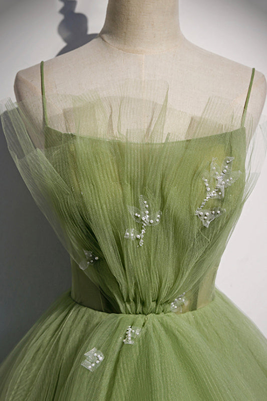Green tulle long A line prom dress  8589