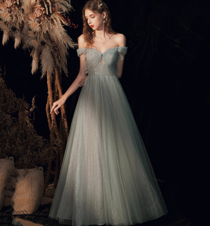 Shiny tulle sequins long prom dress green evening dress  8620