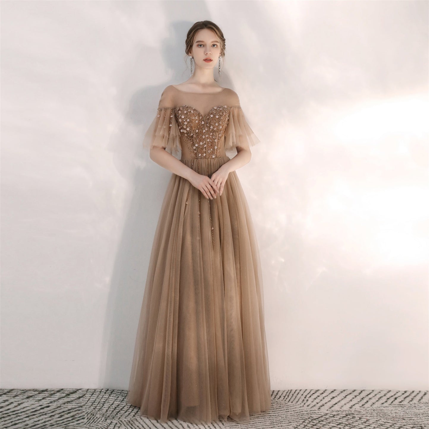 Elegant tulle sequins long prom gown  8165