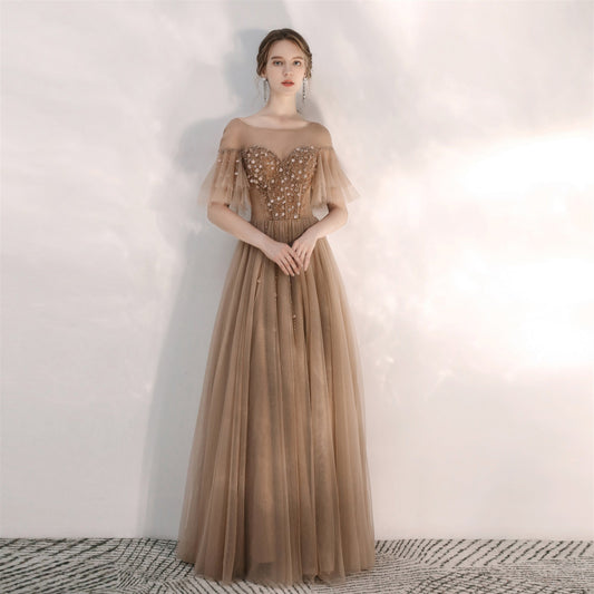 Elegant tulle sequins long prom gown  8165