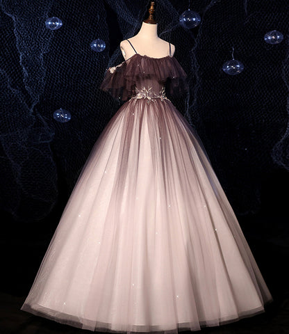 Brown Delicate Floral Applique Fashion A-Line Long Tulle Ball Gown Evening Dress 8721