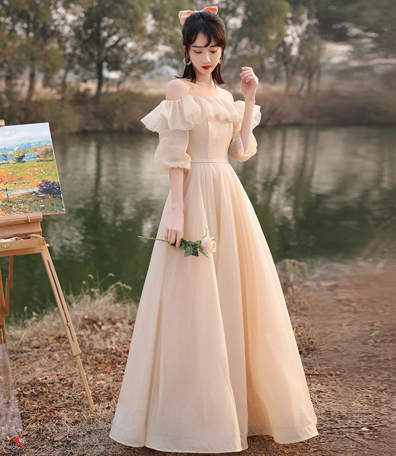 Cute tulle sequins long prom dress A line evening dress  10571