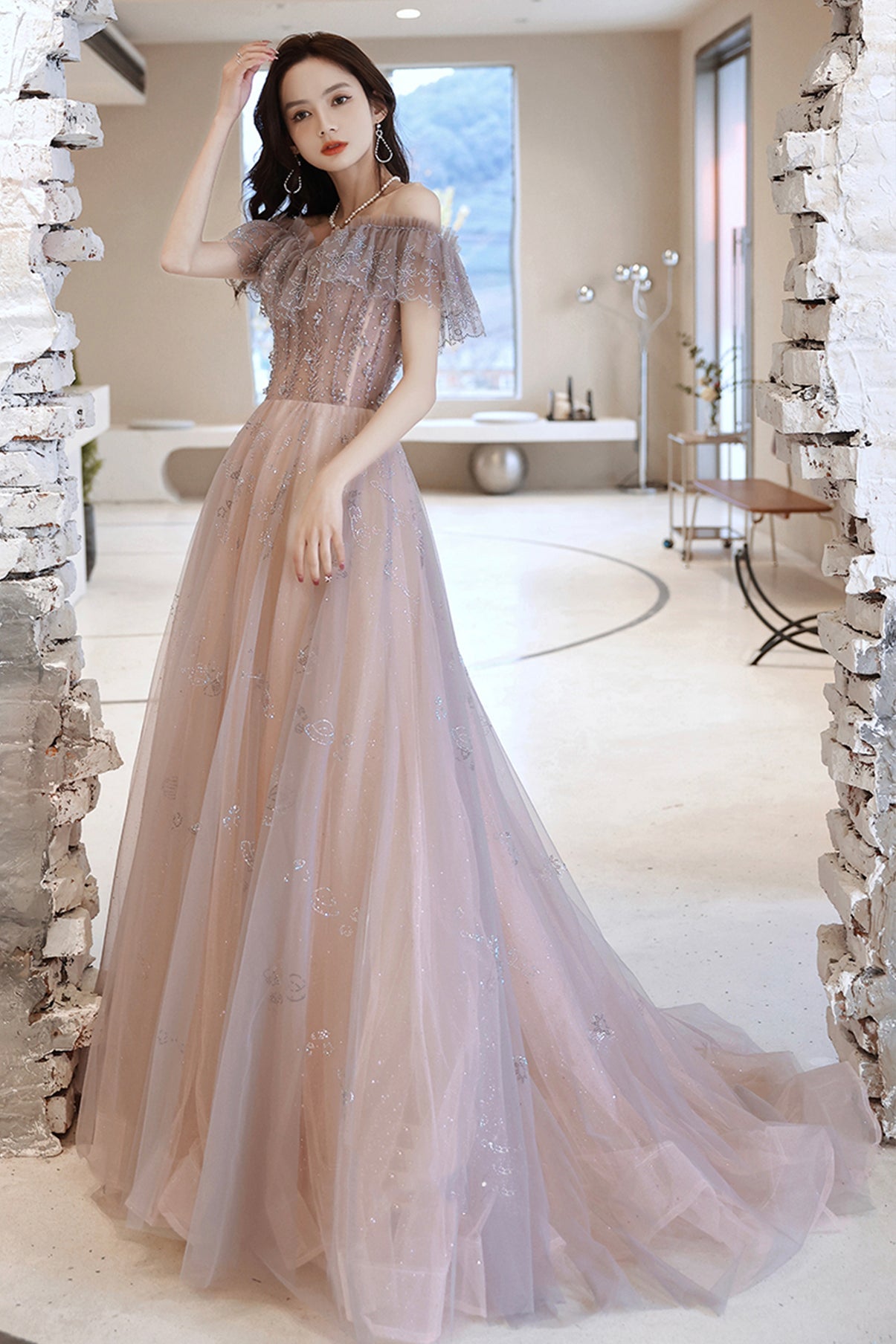 Cute tulle sequins long prom dress evening dress  8643