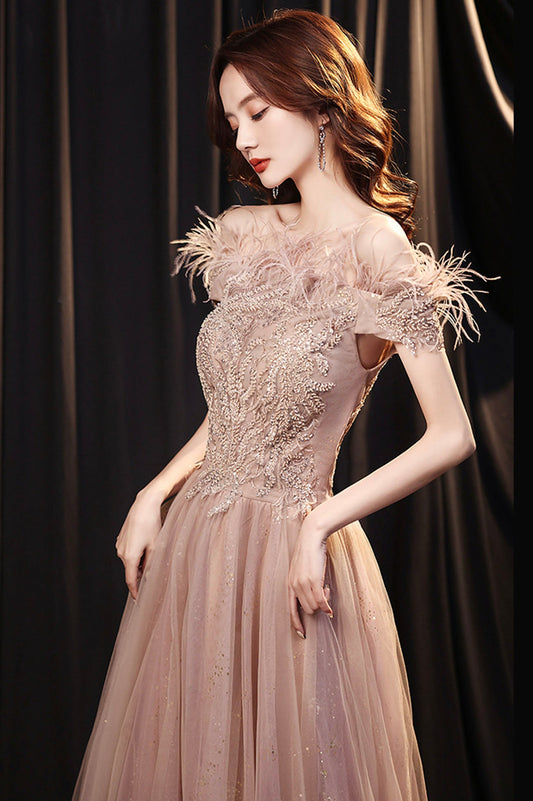 Cute tulle lace long prom dress A line evening gown  10165