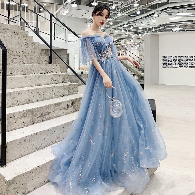 Blue tulle sequins long prom dress evening dress  8322