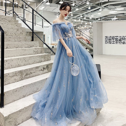 Blue tulle sequins long prom dress evening dress  8322