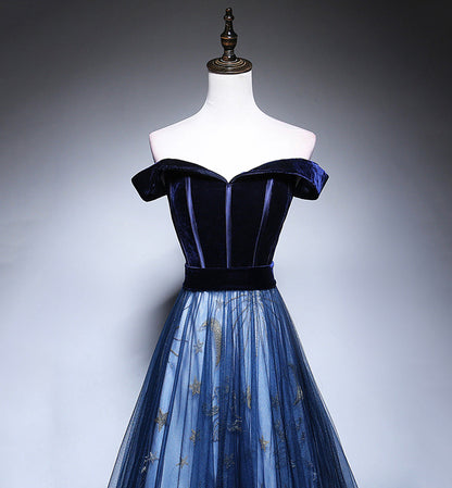 Blue velvet tulle long prom dress evening dress  8449