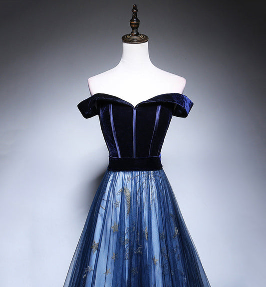 Blue velvet tulle long prom dress evening dress  8449
