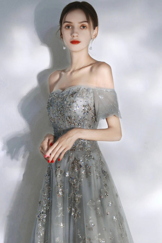 Grey sequins long A line prom dress evening dress  8575