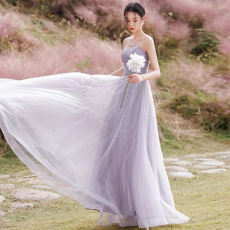Purple tulle beads long prom dress A ine evening gown  10209
