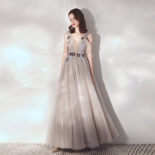 Cute v neck tulle long prom dress evening dress  8594