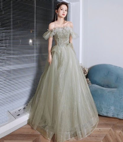 Green tulle sequins long prom dress A line evening dress  10225