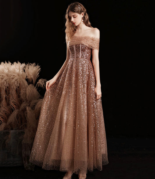 Shiny tulle sequins tea length prom dress evening dress  10412