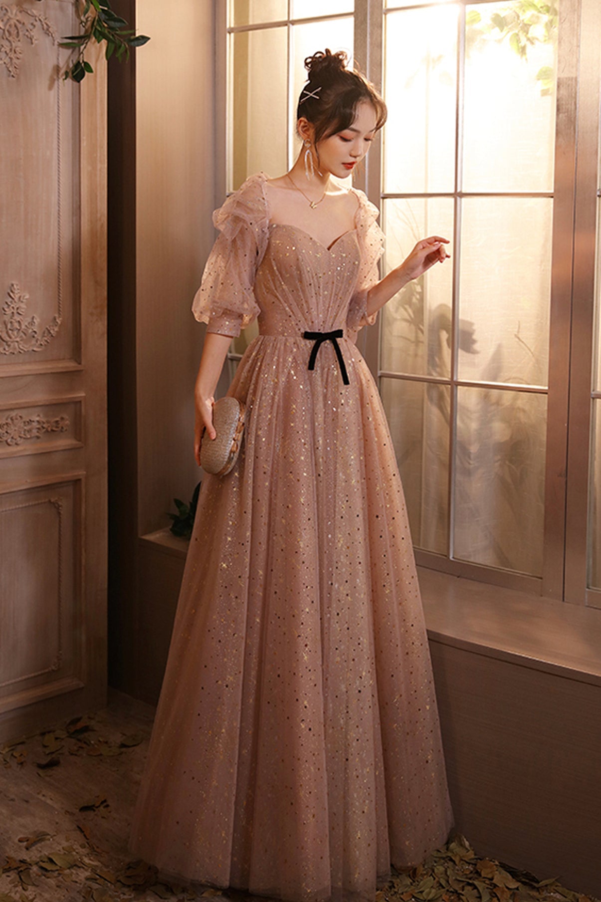 Cute tulle long A line prom dress evening dress  8697