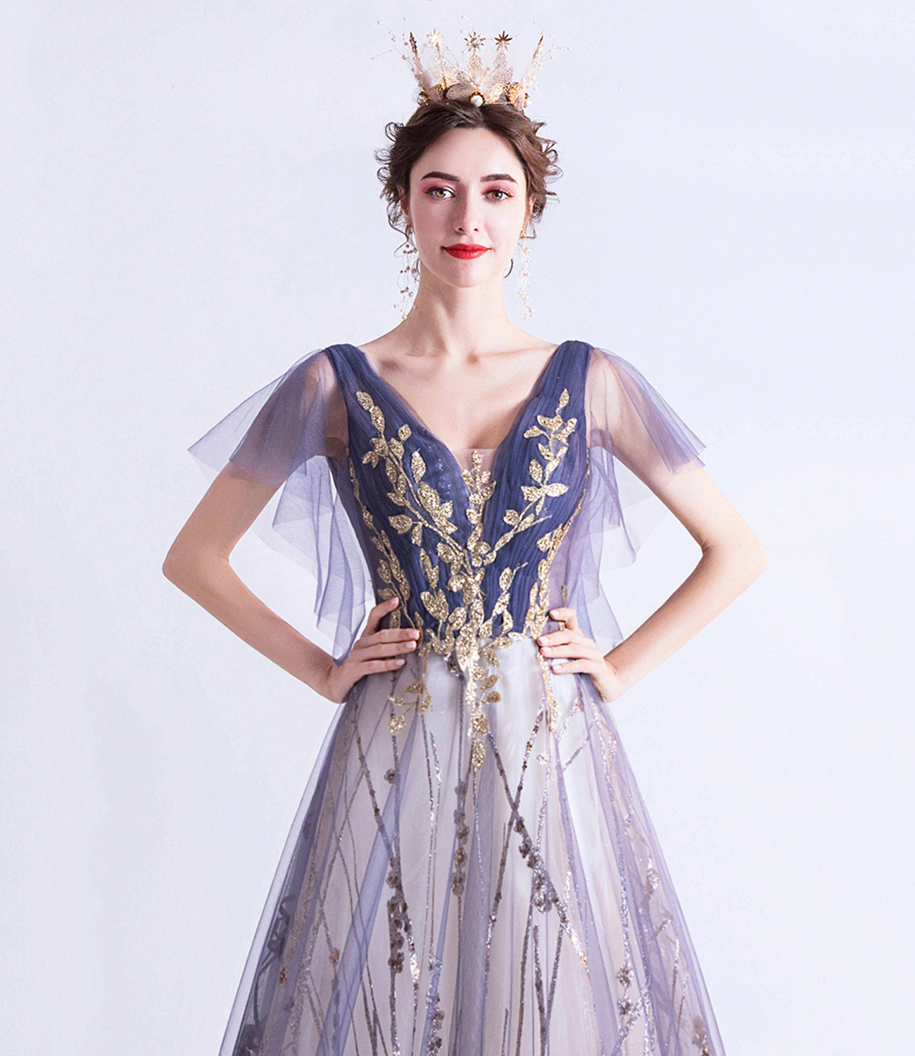 Purple tulle sequins long prom dress A line evening dress  10510
