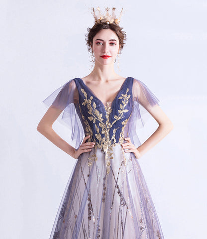 Purple tulle sequins long prom dress A line evening dress  10510