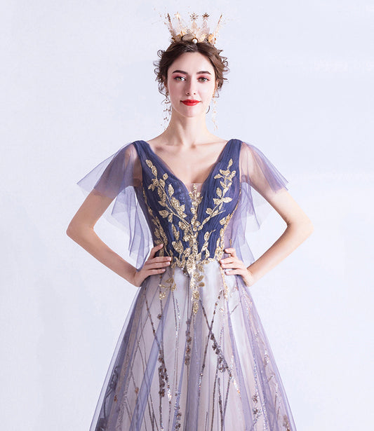 Purple tulle sequins long prom dress A line evening dress  10510