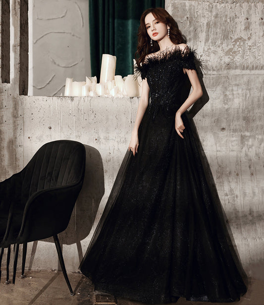 Black tulle beads long A line prom dress evening dress  8706