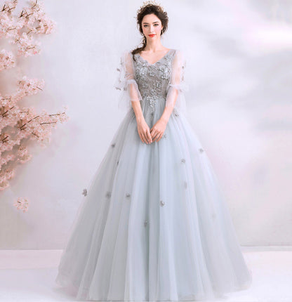 Gray tulle applique long prom dress evening gown  10100