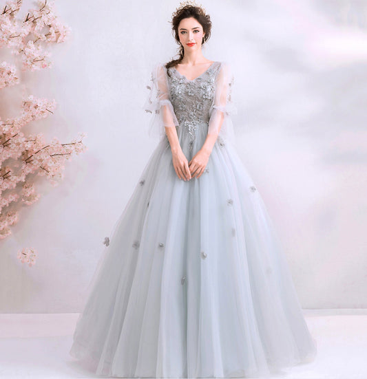 Gray tulle applique long prom dress evening gown  10100