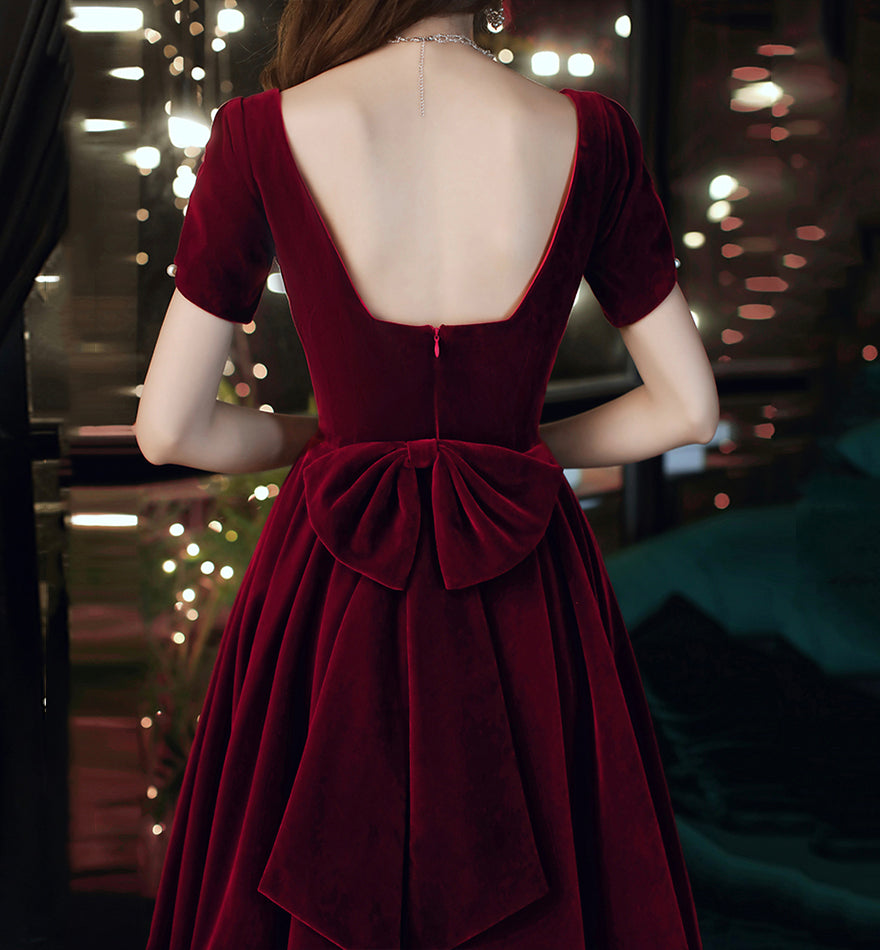 Cute velvet short prom dress with bow party dress  8479