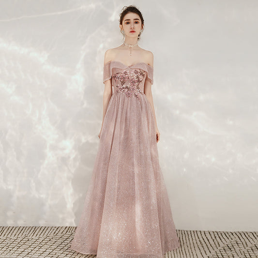 Shiny sequins prom dress pink evening dress  8235
