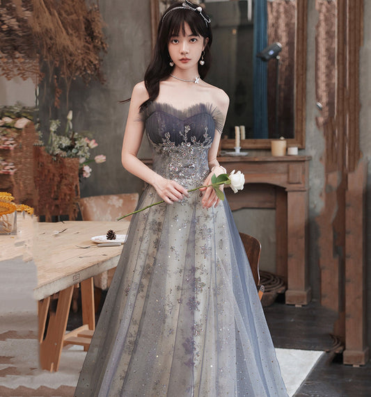 Cute tulle sequins long prom gown A line evening gown  10008