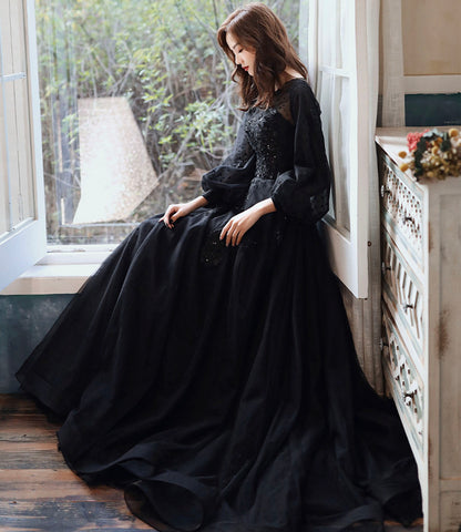 Black lace long prom dress A line evening gown  10277