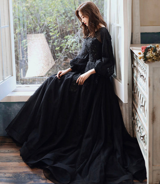 Black lace long prom dress A line evening gown  10277