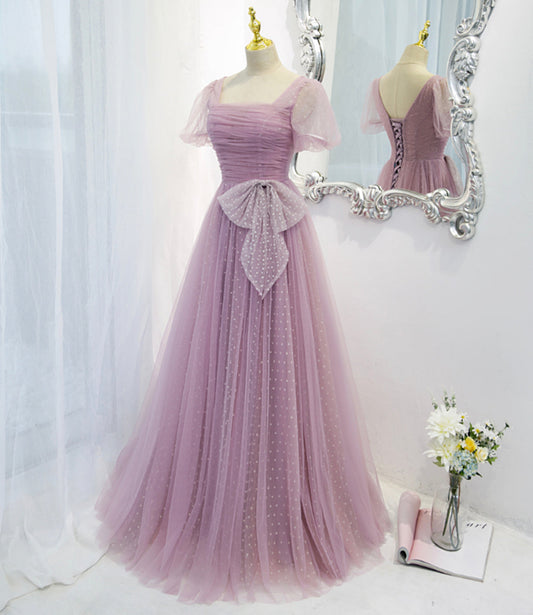 Purple tulle long A line prom dress evening dress  8820