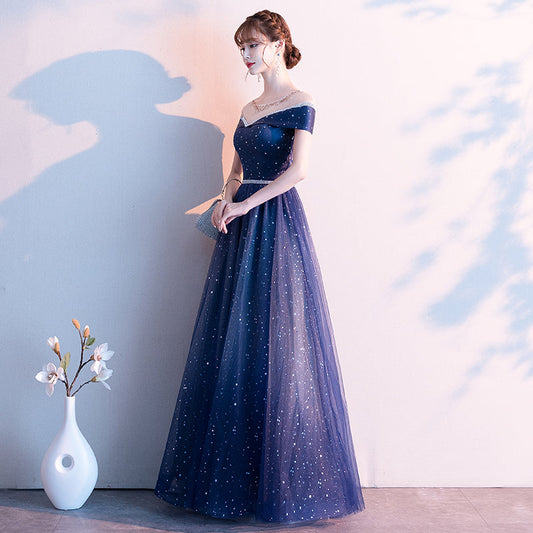 Blue tulle sequins prom dress formal dress  8337
