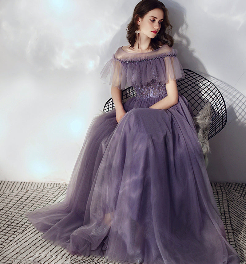 Purple tulle long a line prom dress  8166
