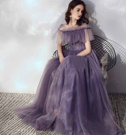 Purple tulle long a line prom dress  8166