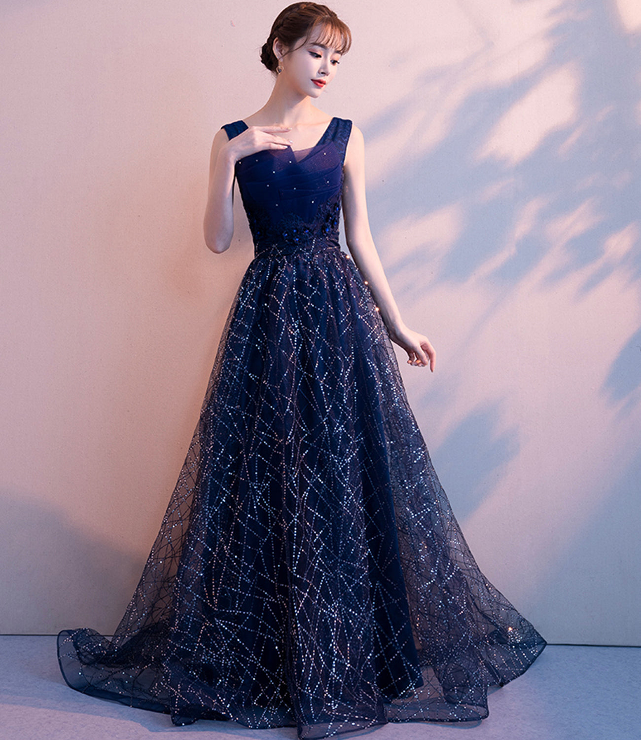 Blue v neck tulle sequins long prom dress blue evening gown  10026