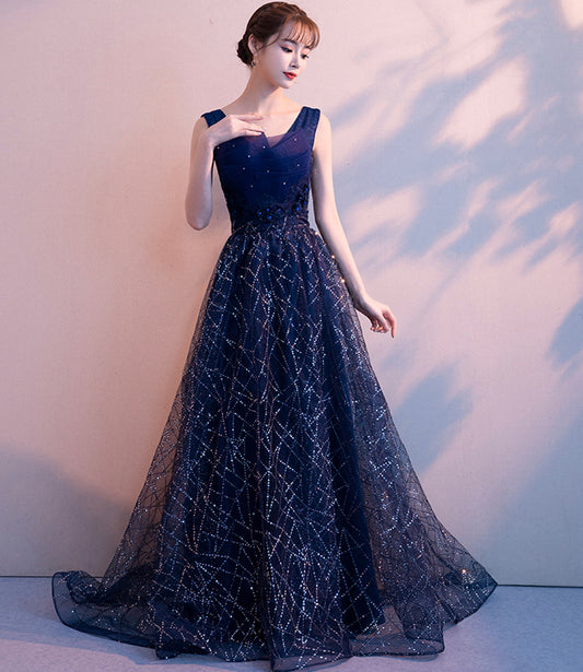 Blue v neck tulle sequins long prom dress blue evening gown  10026