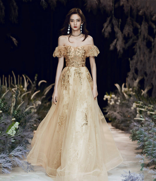 Gold sequins long prom dress A line evening dress  10484