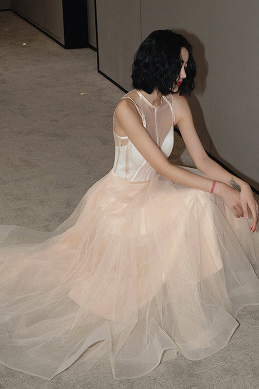 Cute tulle see through short prom dress champagne evening dress  8674