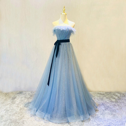 Blue tulle sequins long prom dress blue evening gown  10045