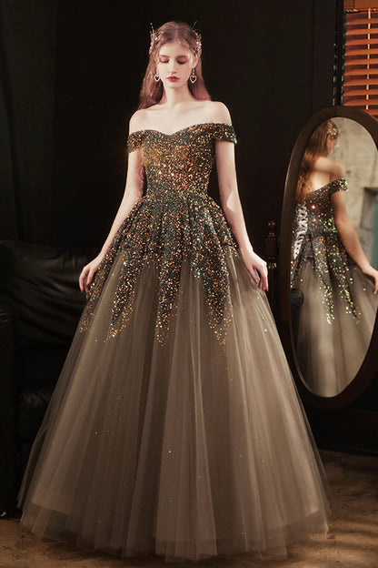 Shiny sequins long prom dress A line evening dress  8577